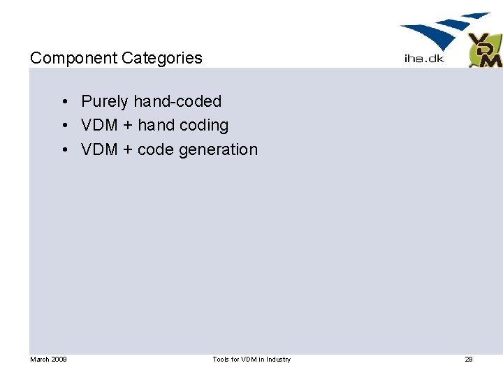 Component Categories • Purely hand-coded • VDM + hand coding • VDM + code