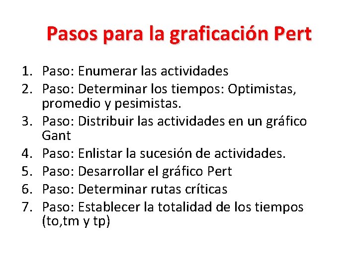 Pasos para la graficación Pert 1. Paso: Enumerar las actividades 2. Paso: Determinar los Pasos para la graficación Pert 1. Paso: Enumerar las actividades 2. Paso: Determinar los
