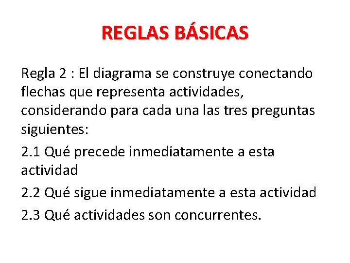 REGLAS BÁSICAS Regla 2 : El diagrama se construye conectando flechas que representa actividades, REGLAS BÁSICAS Regla 2 : El diagrama se construye conectando flechas que representa actividades,