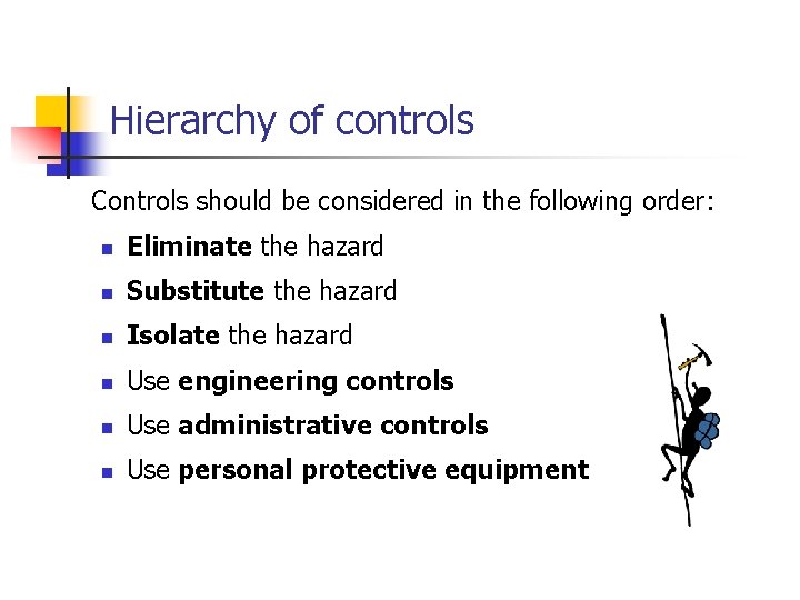 Hierarchy of controls Controls should be considered in the following order: n Eliminate the