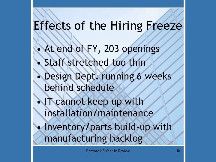 Effects of the Hiring Freeze • At end of FY, 203 openings • Staff