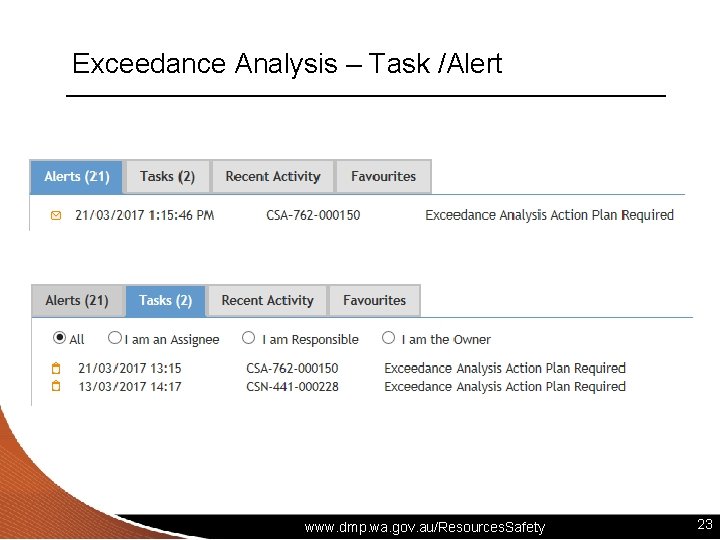 Exceedance Analysis – Task /Alert www. dmp. wa. gov. au/Resources. Safety 23 
