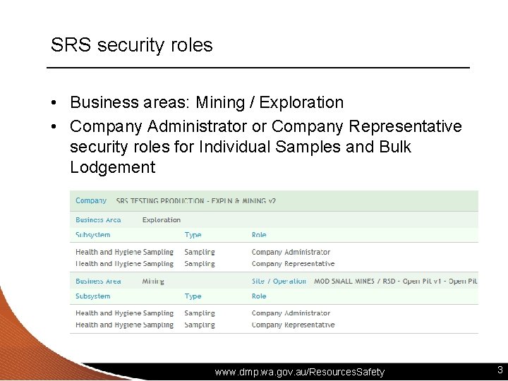 SRS security roles • Business areas: Mining / Exploration • Company Administrator or Company