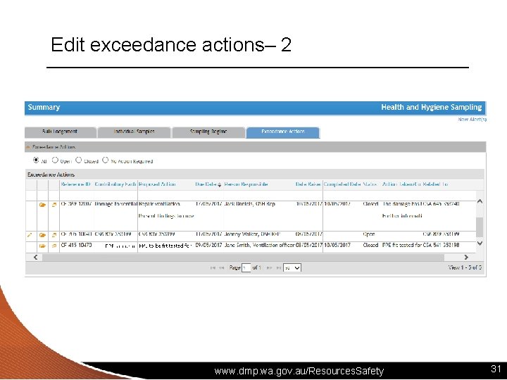 Edit exceedance actions– 2 www. dmp. wa. gov. au/Resources. Safety 31 