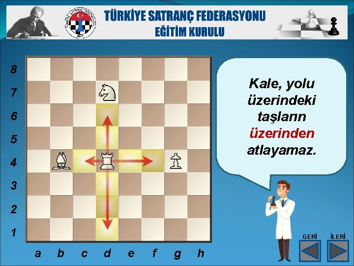 8 Kale, yolu üzerindeki taşların üzerinden atlayamaz. 7 6 5 4 3 2 1