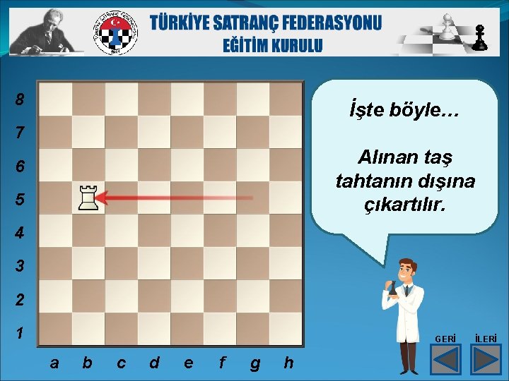 8 İşte böyle… 7 Alınan taş tahtanın dışına çıkartılır. 6 5 4 3 2