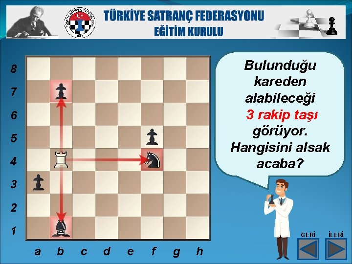 Bulunduğu kareden alabileceği 3 rakip taşı görüyor. Hangisini alsak acaba? 8 7 6 5