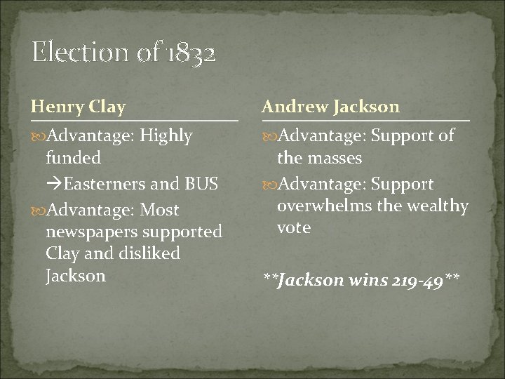 Election of 1832 Henry Clay Andrew Jackson Advantage: Highly Advantage: Support of funded Easterners