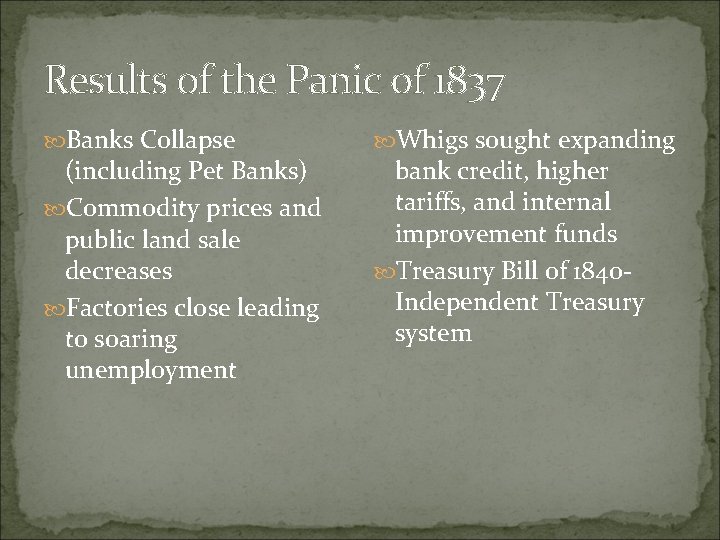 Results of the Panic of 1837 Banks Collapse (including Pet Banks) Commodity prices and