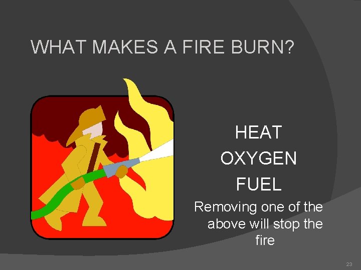 WHAT MAKES A FIRE BURN? HEAT OXYGEN FUEL Removing one of the above will