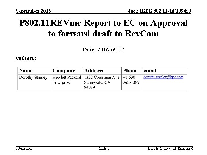 September 2016 doc. : IEEE 802. 11 -16/1094 r 0 P 802. 11 REVmc