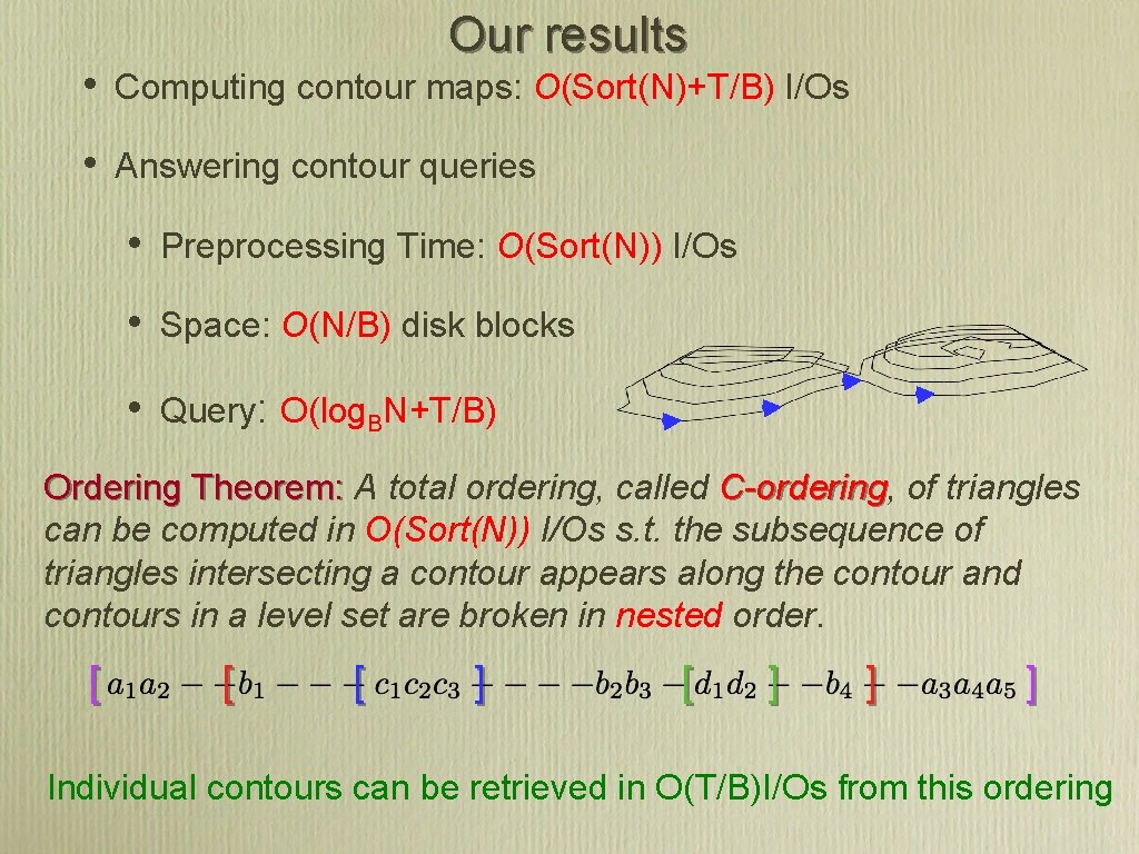 Our results • Computing contour maps: O(Sort(N)+T/B) I/Os • Answering contour queries • Preprocessing