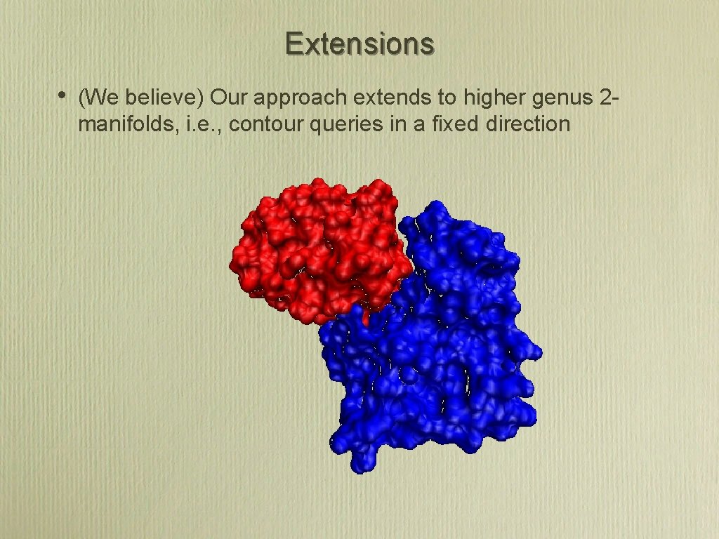 Extensions • (We believe) Our approach extends to higher genus 2 manifolds, i. e.