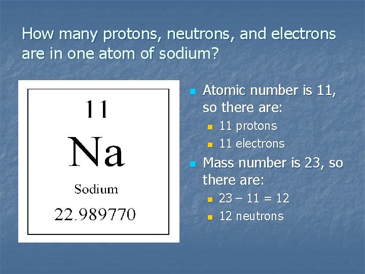 How many protons, neutrons, and electrons are in one atom of sodium? n Atomic How many protons, neutrons, and electrons are in one atom of sodium? n Atomic