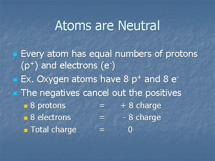 Atoms are Neutral n n n Every atom has equal numbers of protons (p+) Atoms are Neutral n n n Every atom has equal numbers of protons (p+)