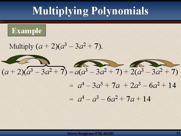 Multiplying Polynomials Example Multiply (a + 2)(a 3 – 3 a 2 + 7)