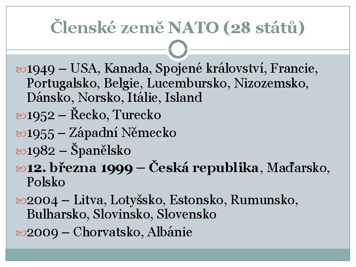 Členské země NATO (28 států) 1949 – USA, Kanada, Spojené království, Francie, Portugalsko, Belgie,