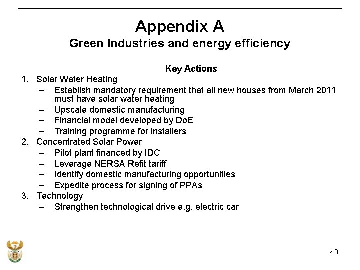 Appendix A Green Industries and energy efficiency Key Actions 1. Solar Water Heating –