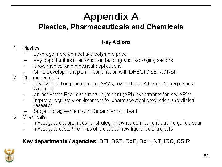 Appendix A Plastics, Pharmaceuticals and Chemicals Key Actions 1. 2. 3. Plastics – Leverage