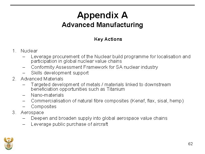 Appendix A Advanced Manufacturing Key Actions 1. Nuclear – Leverage procurement of the Nuclear