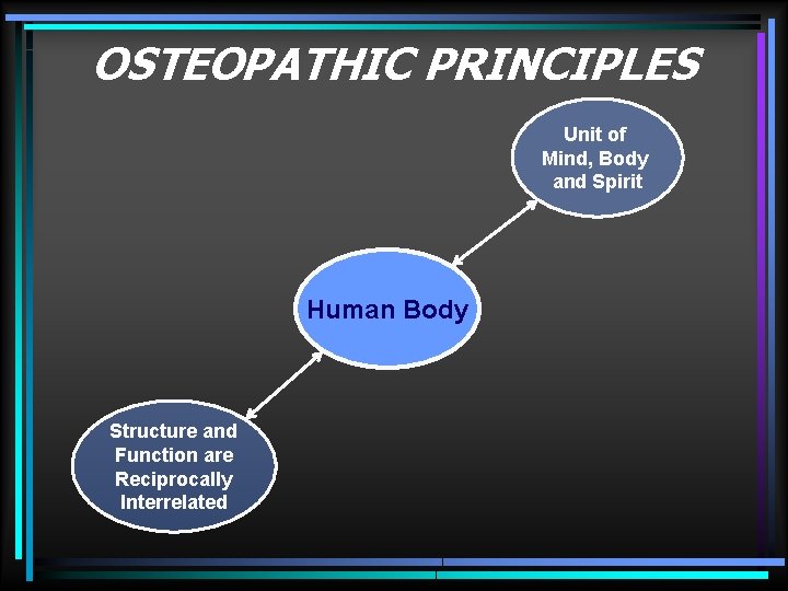 OSTEOPATHIC PRINCIPLES Unit of Mind, Body and Spirit Human Body Structure and Function are