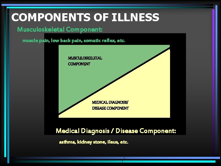 COMPONENTS OF ILLNESS Musculoskeletal Component: muscle pain, low back pain, somatic reflex, etc. MUSCULOSKELETAL