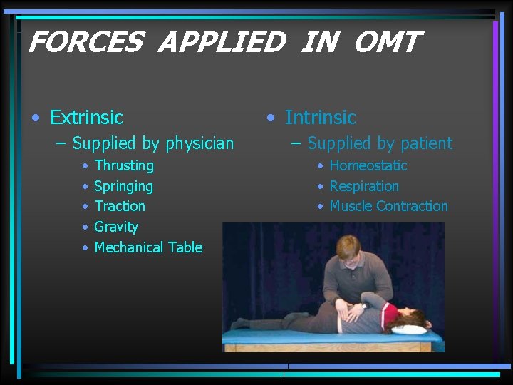FORCES APPLIED IN OMT • Extrinsic – Supplied by physician • • • Thrusting