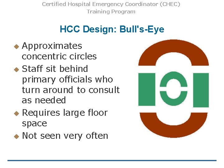 Certified Hospital Emergency Coordinator (CHEC) Training Program HCC Design: Bull's-Eye Approximates concentric circles u