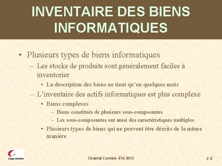 INVENTAIRE DES BIENS INFORMATIQUES • Plusieurs types de biens informatiques – Les stocks de