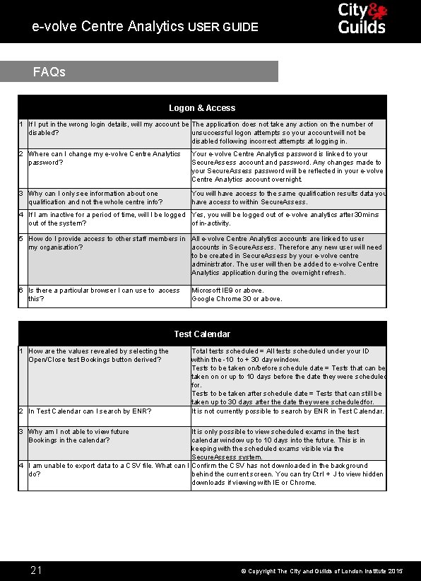 e-volve Centre Analytics USER GUIDE FAQs Logon & Access 1 If I put in