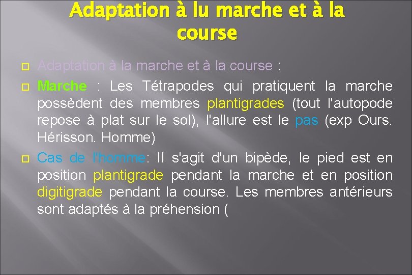 Adaptation à lu marche et à la course Adaptation à la marche et à Adaptation à lu marche et à la course Adaptation à la marche et à