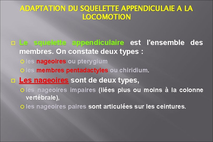 ADAPTATION DU SQUELETTE APPENDICULAIE A LA LOCOMOTION Le squelette appendiculaire est l'ensemble des membres. ADAPTATION DU SQUELETTE APPENDICULAIE A LA LOCOMOTION Le squelette appendiculaire est l'ensemble des membres.