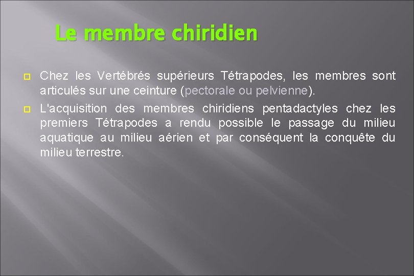 Le membre chiridien Chez les Vertébrés supérieurs Tétrapodes, les membres sont articulés sur une Le membre chiridien Chez les Vertébrés supérieurs Tétrapodes, les membres sont articulés sur une