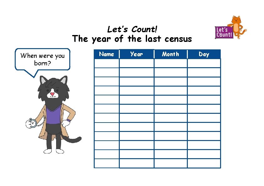 Ye When were you born? Let’s Count! The year of the last census Name