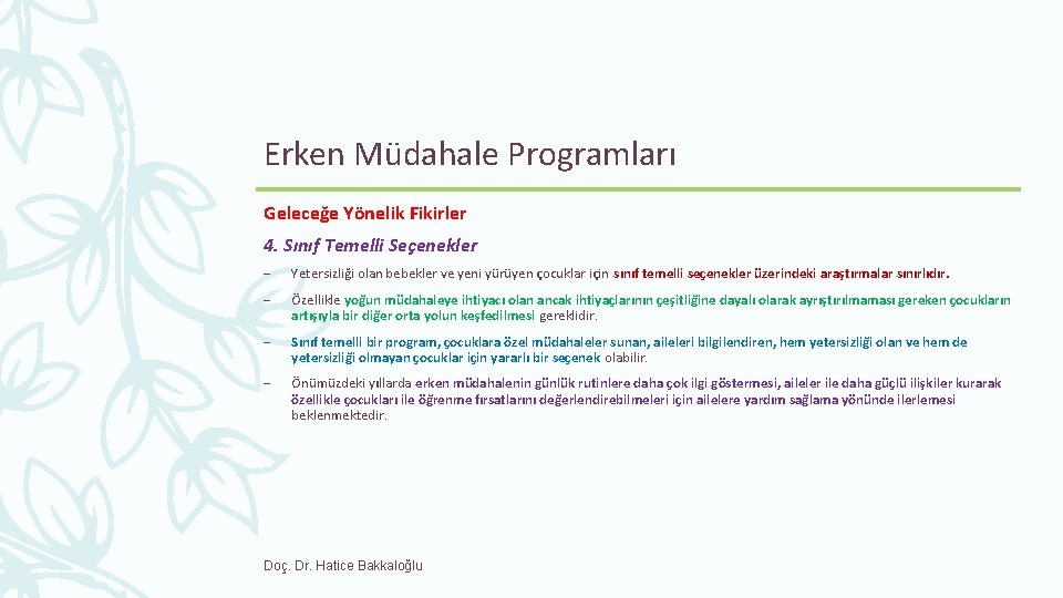 Erken Müdahale Programları Geleceğe Yönelik Fikirler 4. Sınıf Temelli Seçenekler – Yetersizliği olan bebekler