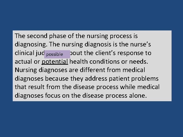 The second phase of the nursing process is diagnosing. The nursing diagnosis is the