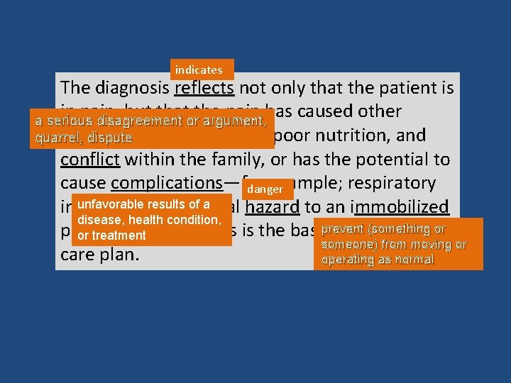 indicates The diagnosis reflects not only that the patient is in pain, but that