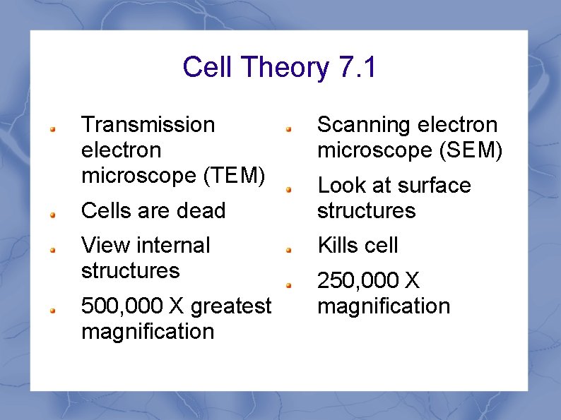 Cell Theory 7. 1 Transmission electron microscope (TEM) Cells are dead View internal structures