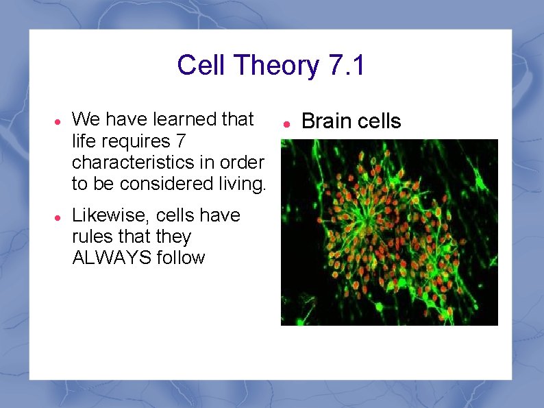 Cell Theory 7. 1 We have learned that life requires 7 characteristics in order