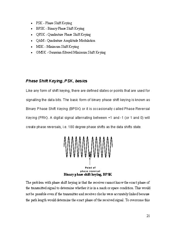  PSK - Phase Shift Keying BPSK - Binary Phase Shift Keying QPSK -