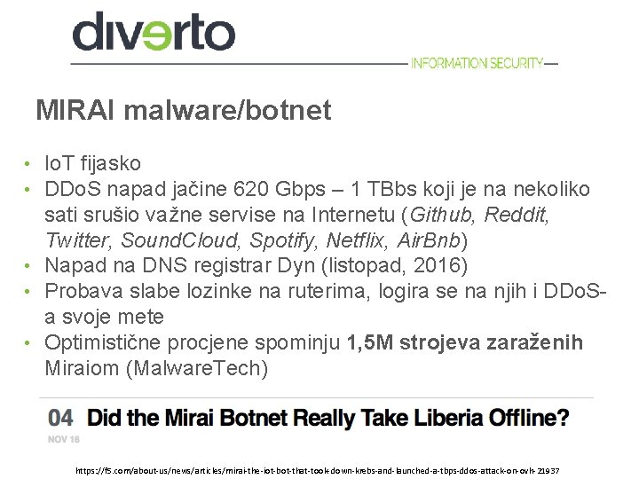 MIRAI malware/botnet Io. T fijasko DDo. S napad jačine 620 Gbps – 1 TBbs