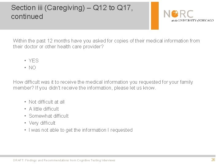 Section iii (Caregiving) – Q 12 to Q 17, continued Within the past 12