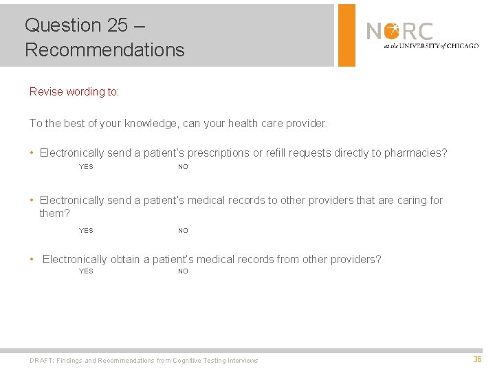 Question 25 – Recommendations Revise wording to: To the best of your knowledge, can