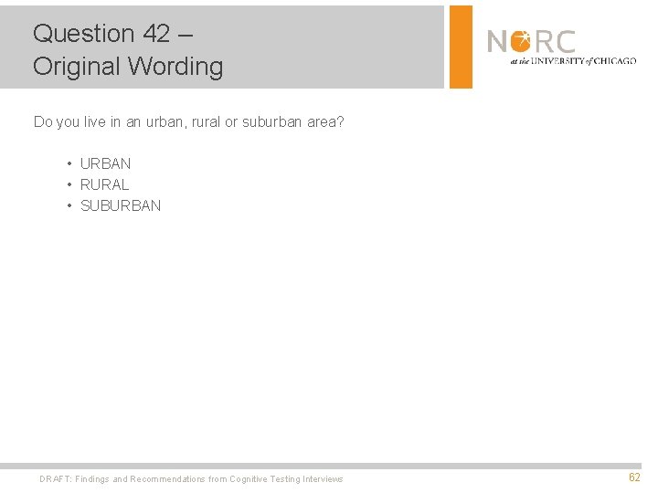 Question 42 – Original Wording Do you live in an urban, rural or suburban