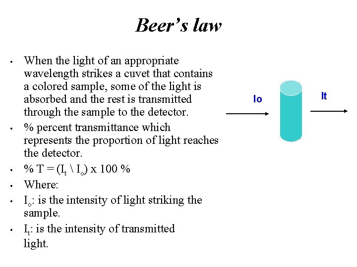 Beer’s law • • • When the light of an appropriate wavelength strikes a