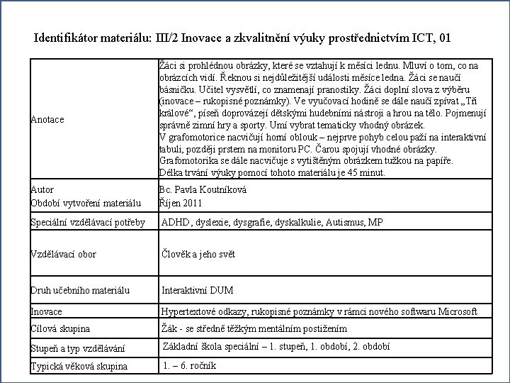 Identifikátor materiálu: III/2 Inovace a zkvalitnění výuky prostřednictvím ICT, 01 Anotace Žáci si prohlédnou