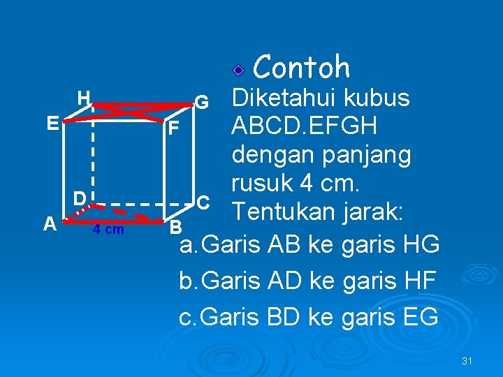 Contoh H E D A Diketahui kubus ABCD. EFGH F dengan panjang rusuk 4