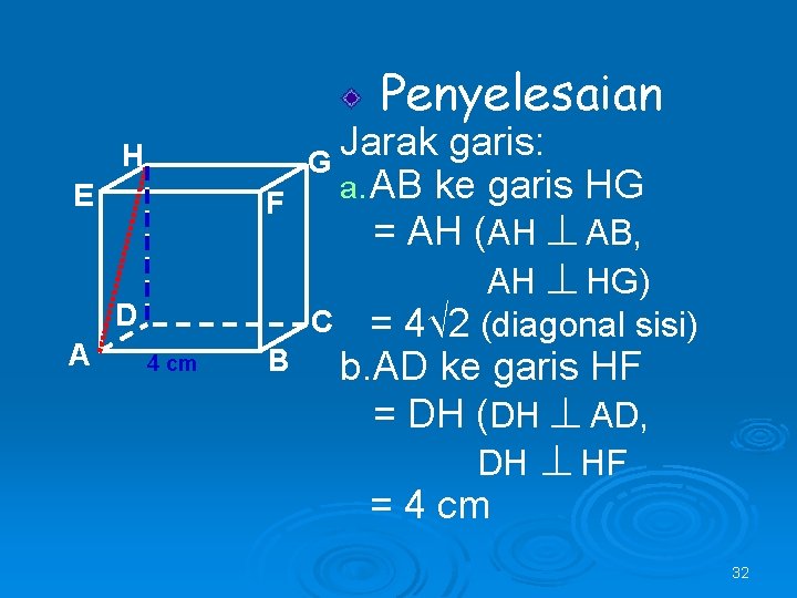 Penyelesaian H E F D A Jarak garis: G a. AB ke garis HG