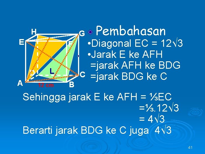 H G E F D A L 12 cm B Pembahasan • Diagonal EC