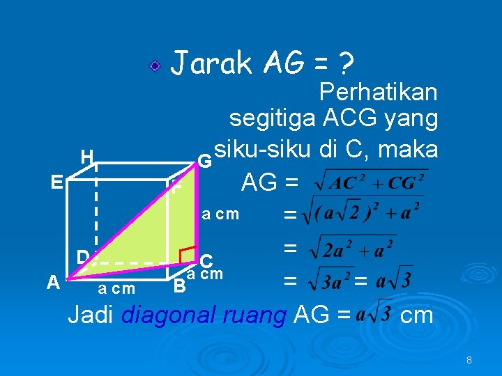 Jarak AG = ? Perhatikan segitiga ACG yang siku-siku di C, maka H G